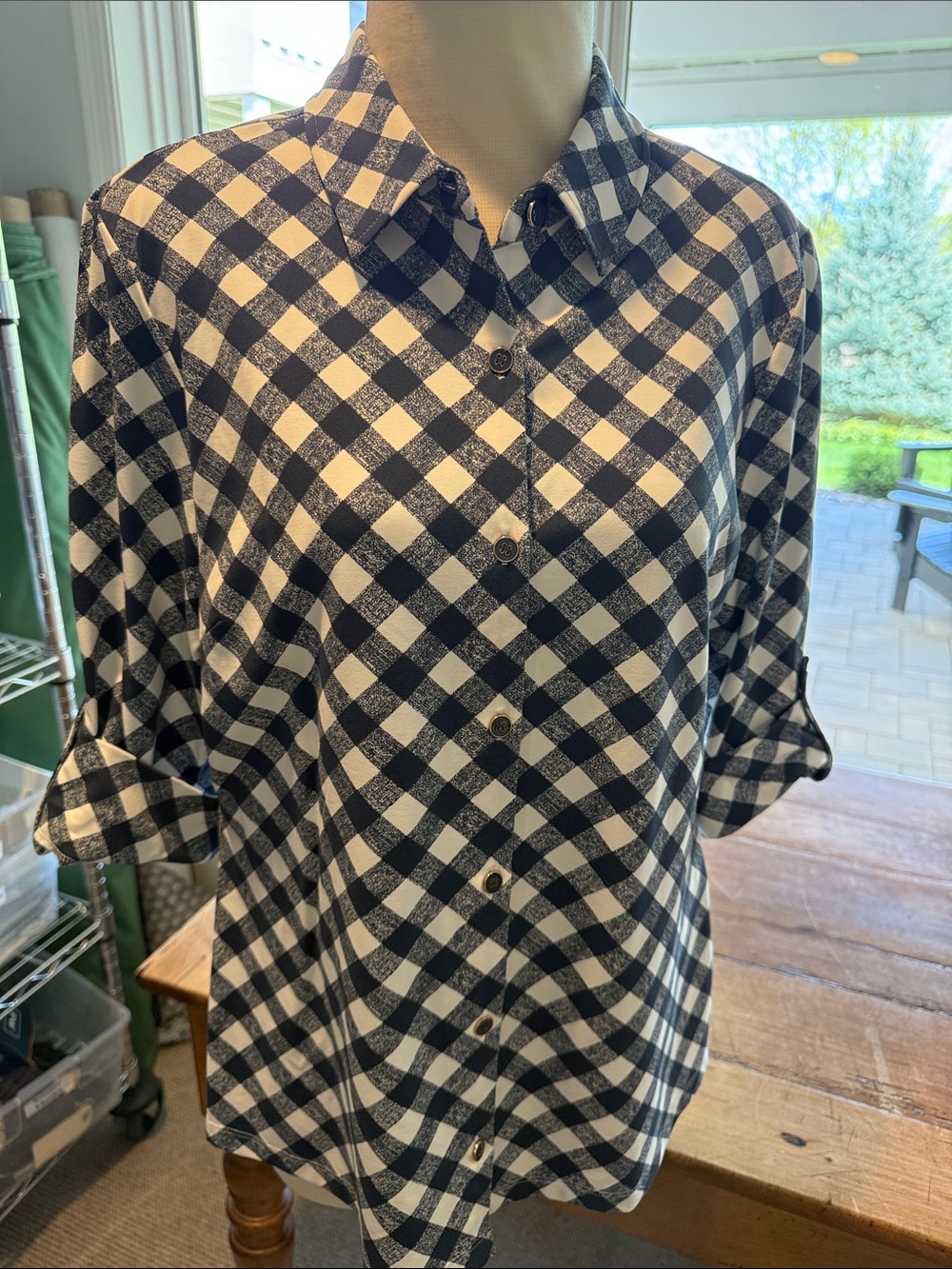 Navy & White Check Button-Front Women's Blouse